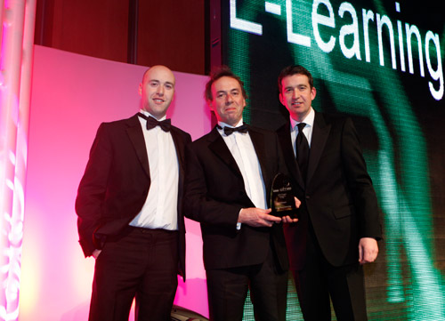 KITE Project Co-ordinator Stephen Reid and Technician Ross McMorrow receive the award for Best in eLearning on behalf of the KITE Project team from Mark little at the 2011 Satellite Digital Media Awards in The National Convention Centre in February.