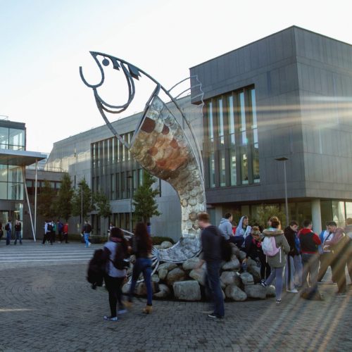 Students in front of Fish at IT Sligo main entrance