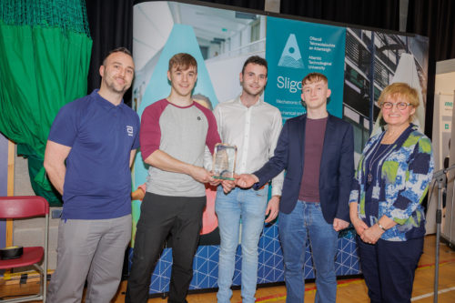 L- R: (ABBOTT) Michael Kearney (Abbot), Oisin McLoughlin (Keshcarrigan, Carrick on Shannon, Leitrim), Jack Crumley (Easkey, Co Sligo) and Killian Hagan (Killeshandra, Co Cavan) with Head of College at ATU Sligo, Úna Parsons.